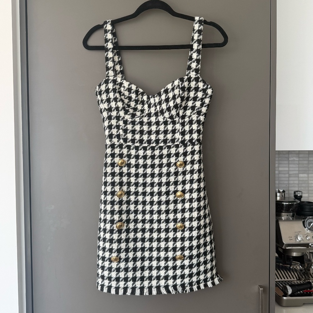 Black White Houndstooth Tweed Mini Dress Gold Button Detail Size S (Pink avail)